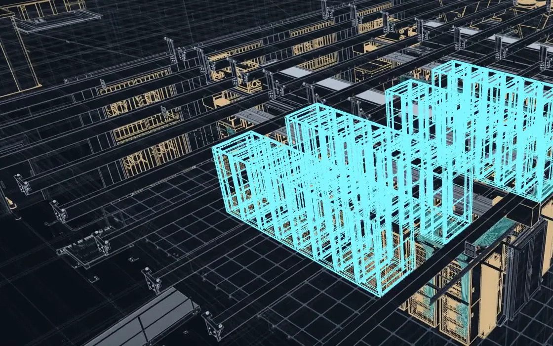 A modelled data hall with rack rows, one rack group highlighted