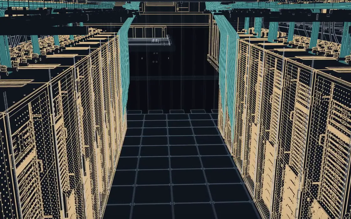 Looking down a modelled data centre aisle between two rows of racks