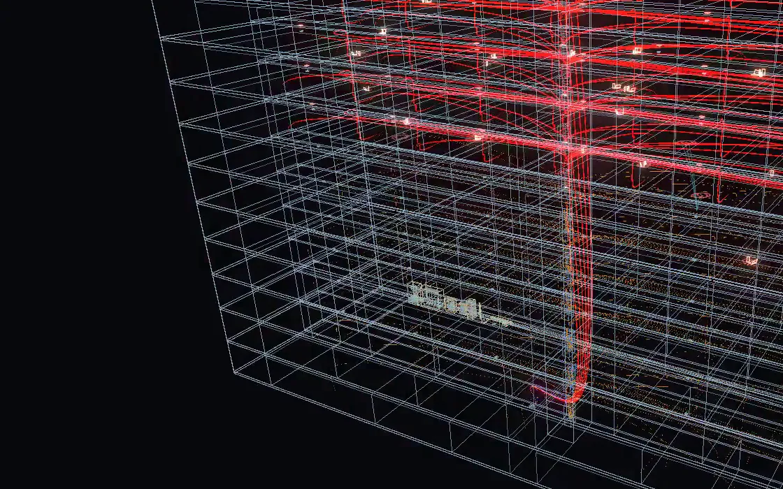 A synthetic building in RKR SETU with one failure highlighted in red as it spreads through the floors