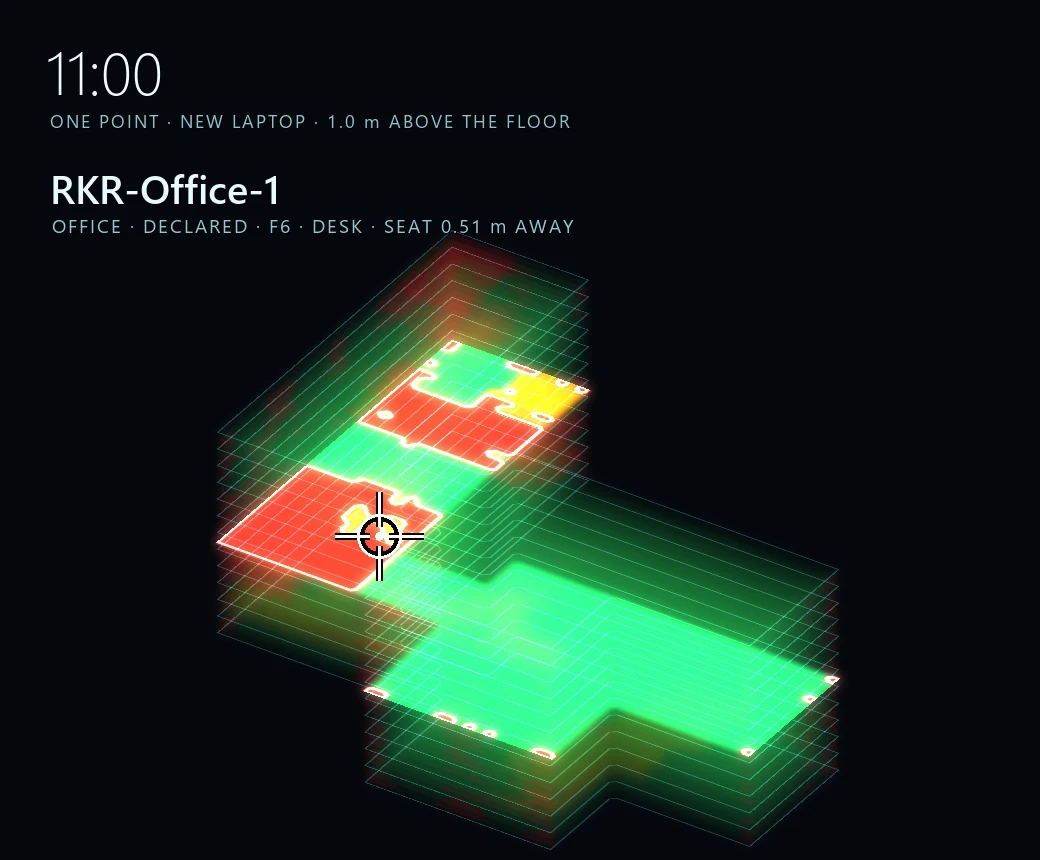 RKR Nila view of RKR-Office-1 at 11:00: one desk marked on a floor shaded green where Wi-Fi is usable and red where it is a gap