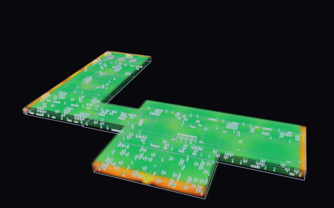 One office floor in RKR SETU shaded by Wi-Fi coverage, with weaker edges in orange