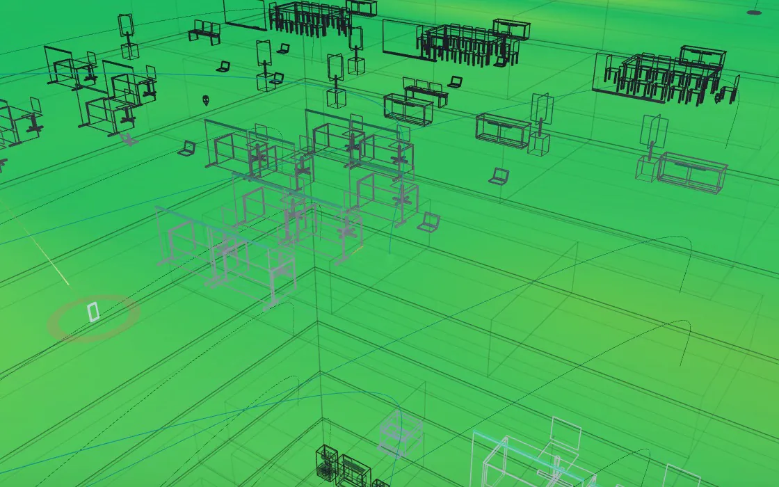 Close view of a modelled office floor with desks, shaded green for good Wi-Fi coverage